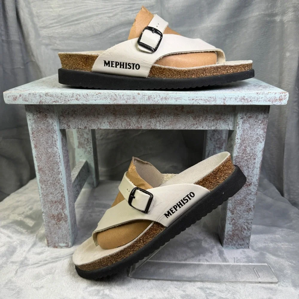 Mephisto Helen Sandals Womens 40 White Leather Cork Footbed Slides 6091572